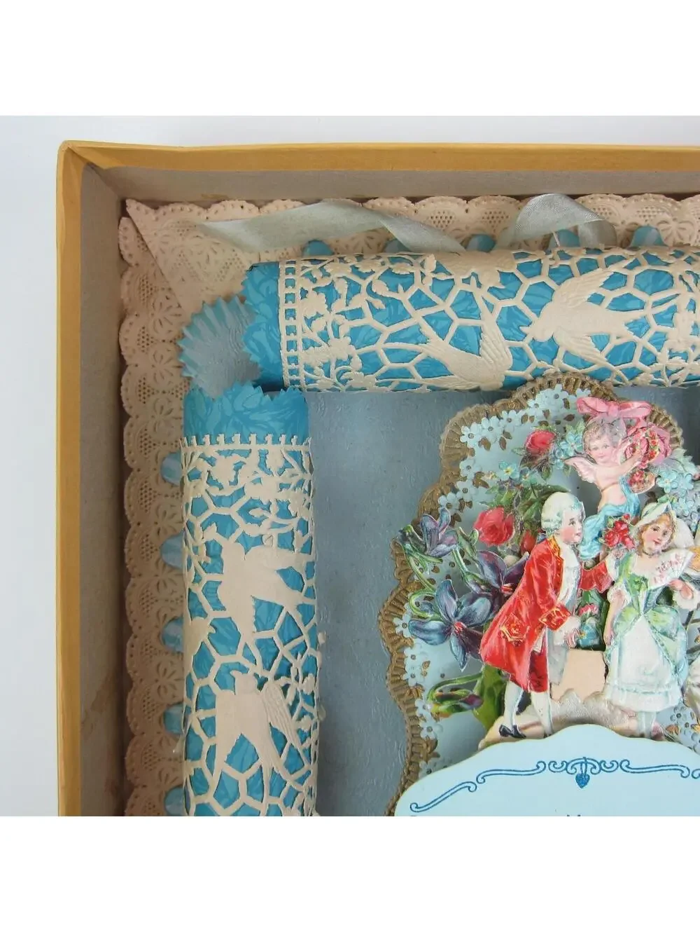 Antique Valentine 3D LARGE Store Box Cupid Boy Girl Blue Flowers Honeycomb RARE
